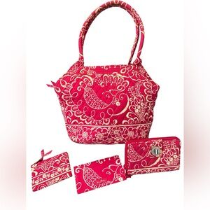 Vera Bradley Twirly Bird Vibrant Pink Quilted Women's Shoulder Bag & Wallet Set